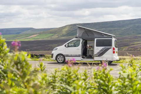 Furgoneta camper blanca aparcada en el arcén de una carretera entre prados